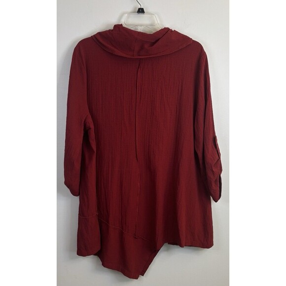 ALI MILES Asymmetric Red Cowl Neck Tunic Top Women Plus 1X Roll Sleeve Lagenlook - Picture 2 of 10